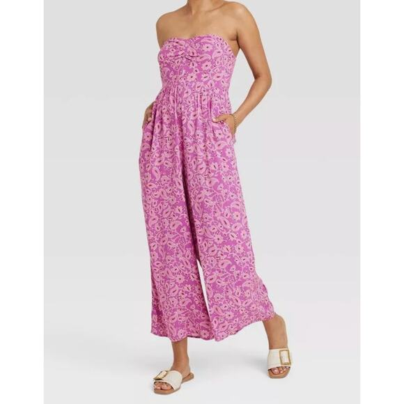 Knox Rose Pants - Knox Rose Jumpsuit Size L Purple Paisley Wide Leg Boho Strapless Bandeau Casual